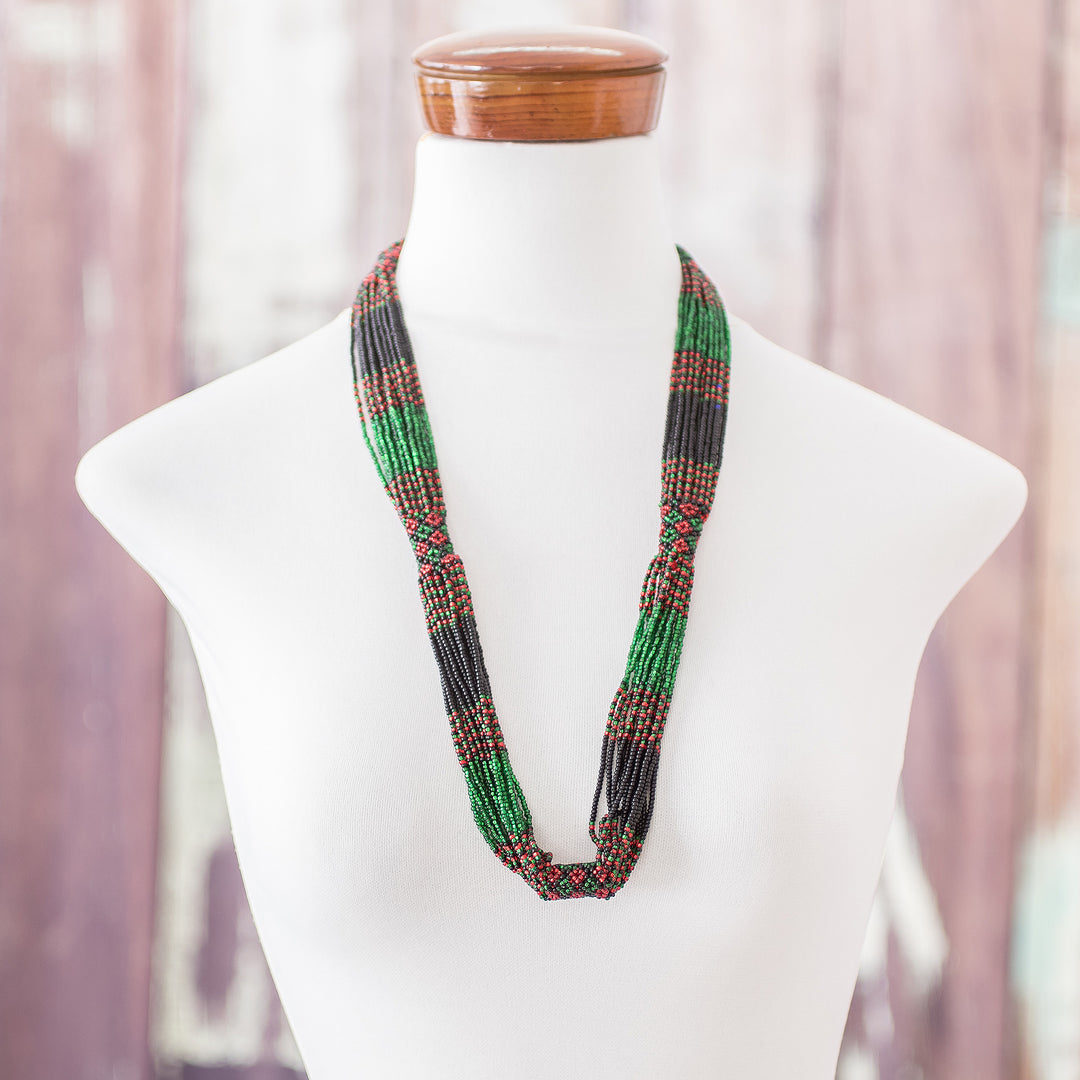 Multi-Strand Beaded Necklace in Green Red and Black - Harmony in Green