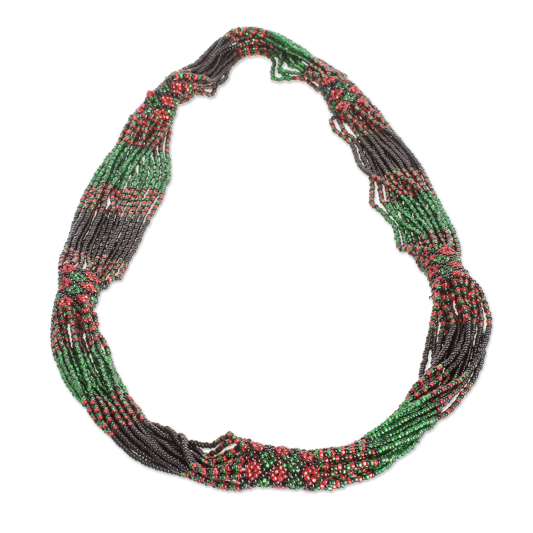 Multi-Strand Beaded Necklace in Green Red and Black - Harmony in Green