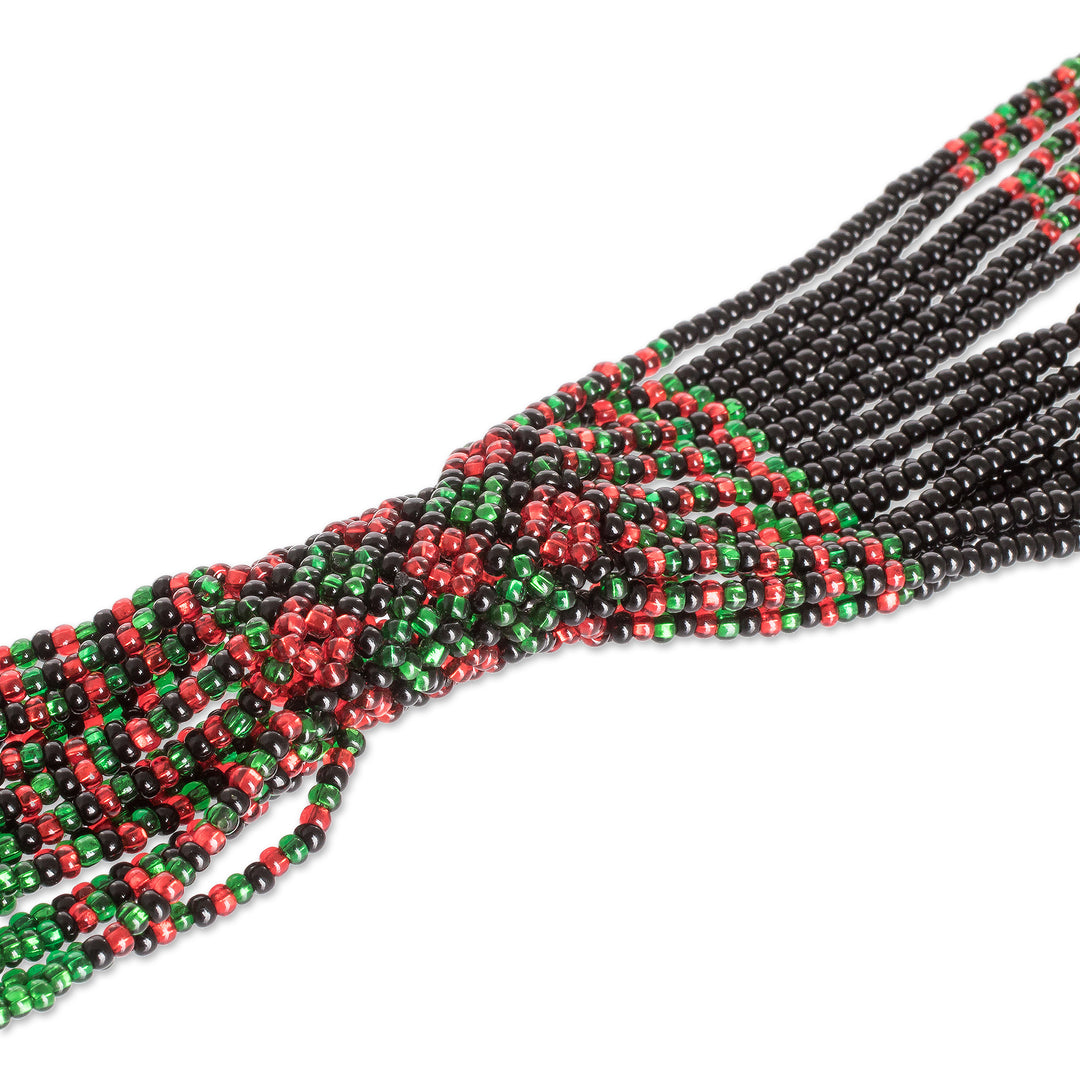 Multi-Strand Beaded Necklace in Green Red and Black - Harmony in Green