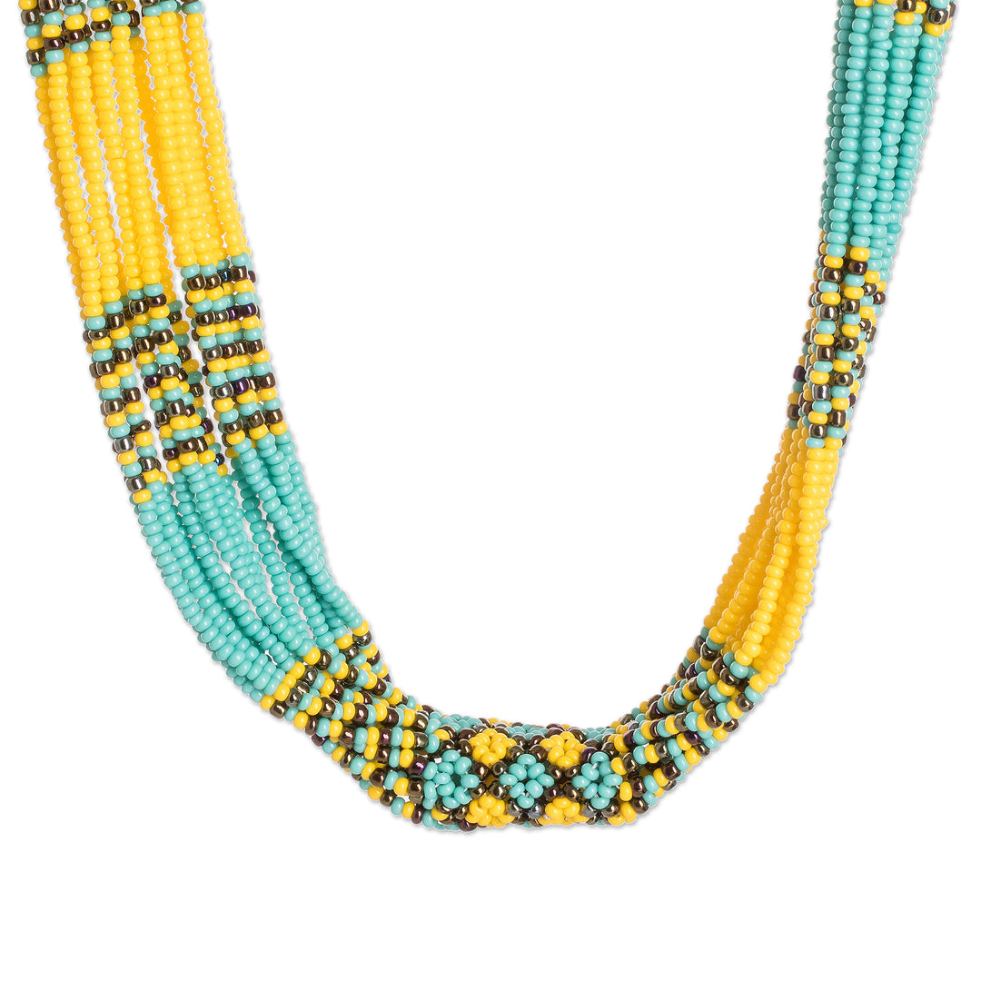Multi-Strand Beaded Necklace in Yellow Aqua and Bronze - Harmony in Yellow