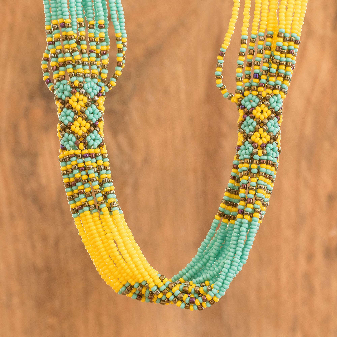 Multi-Strand Beaded Necklace in Yellow Aqua and Bronze - Harmony in Yellow