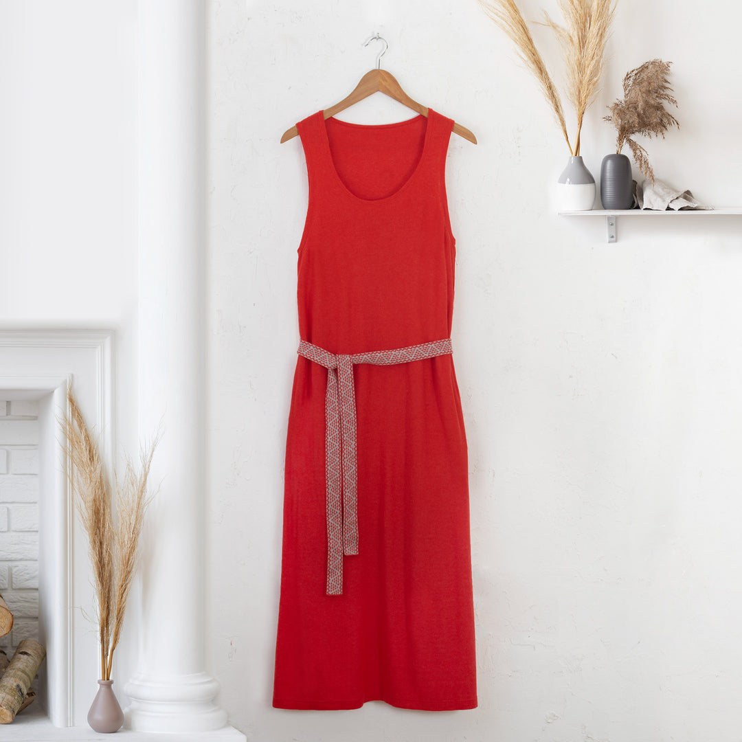 Red Acrylic and Cotton Midi Dress with Jacquard Belt - Andean Passion