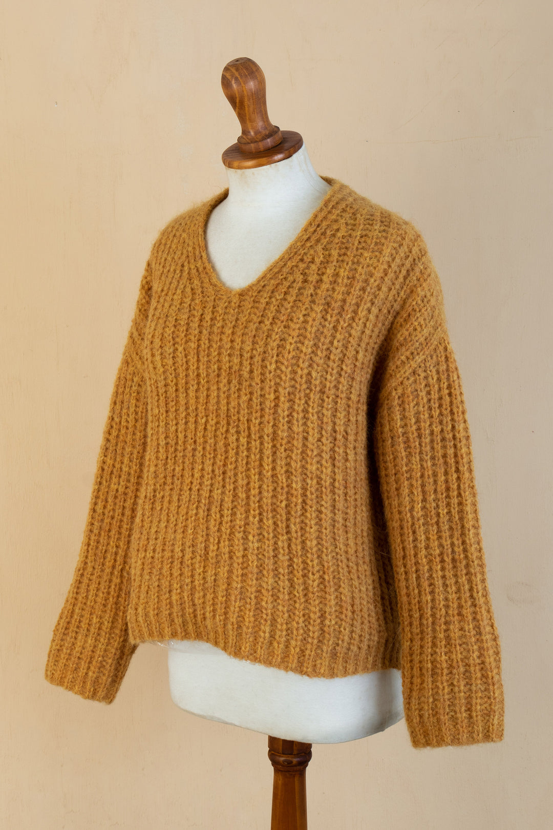 Knitted Soft Alpaca Blend Sweater in a Solid Honey Hue - Honey Illusions