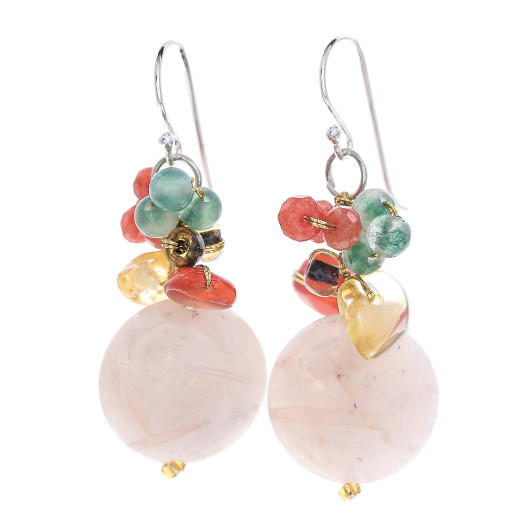 Multi-Gemstone Cluster Dangle Earrings in Pink and Golden - Pink Champagne