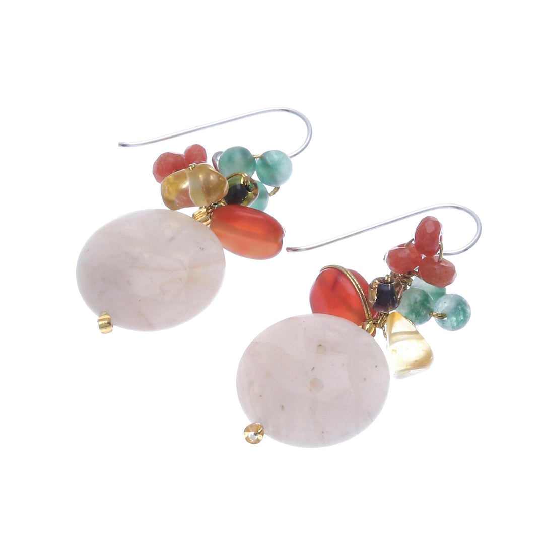 Multi-Gemstone Cluster Dangle Earrings in Pink and Golden - Pink Champagne