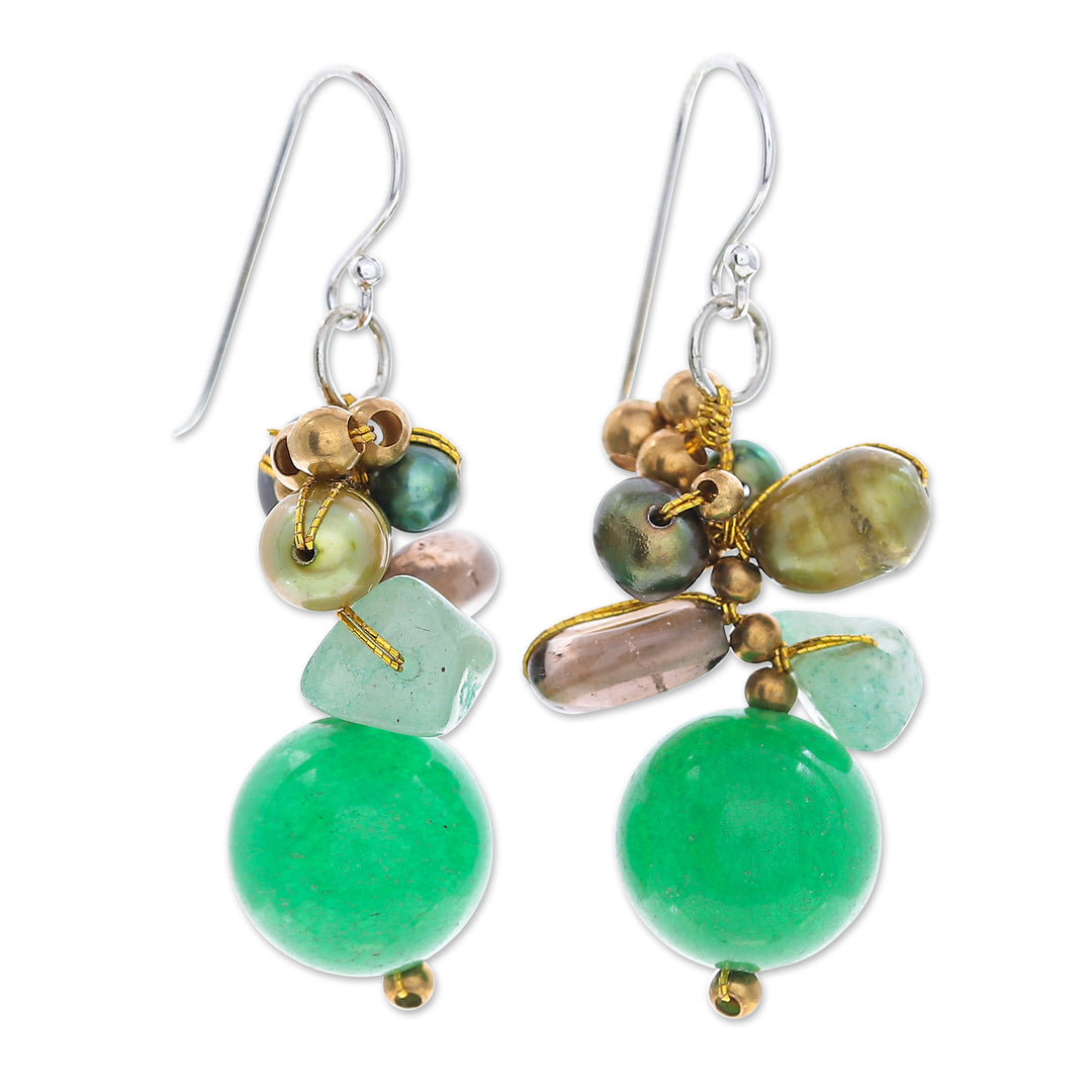 Dangle Earrings with Quartz Cultured Pearl and Smoky Quartz - Spring Splendor