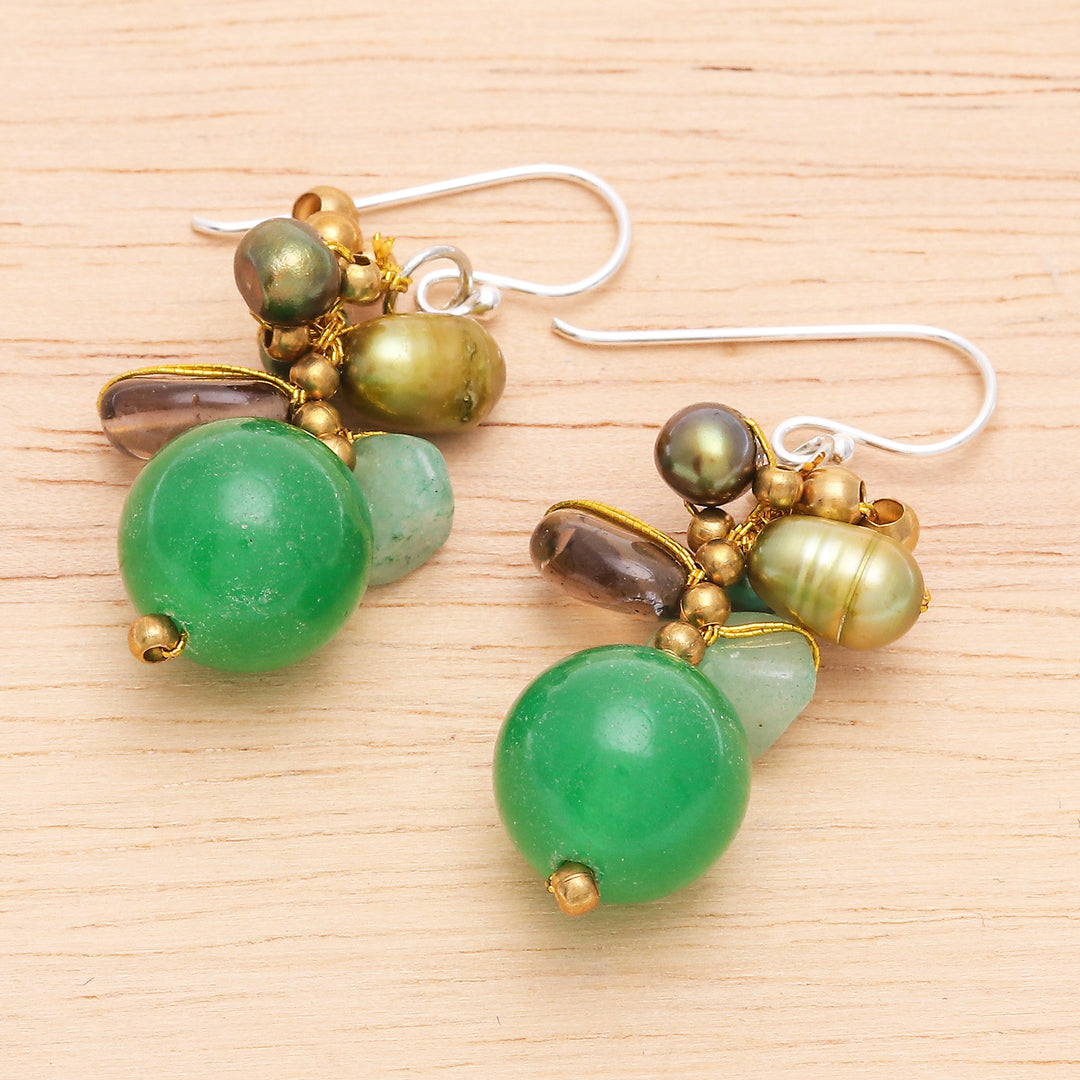 Dangle Earrings with Quartz Cultured Pearl and Smoky Quartz - Spring Splendor