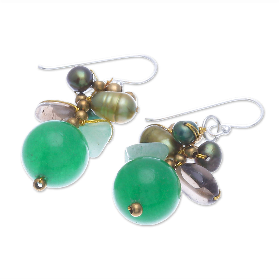 Dangle Earrings with Quartz Cultured Pearl and Smoky Quartz - Spring Splendor