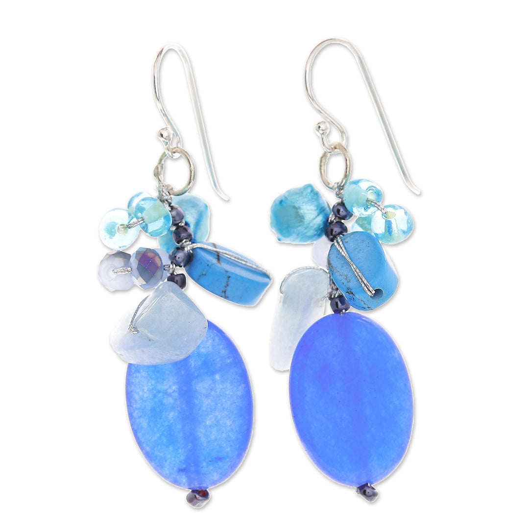 Dangle Earrings with Quartz Howlite and Cultured Pearl - Blue Symphony