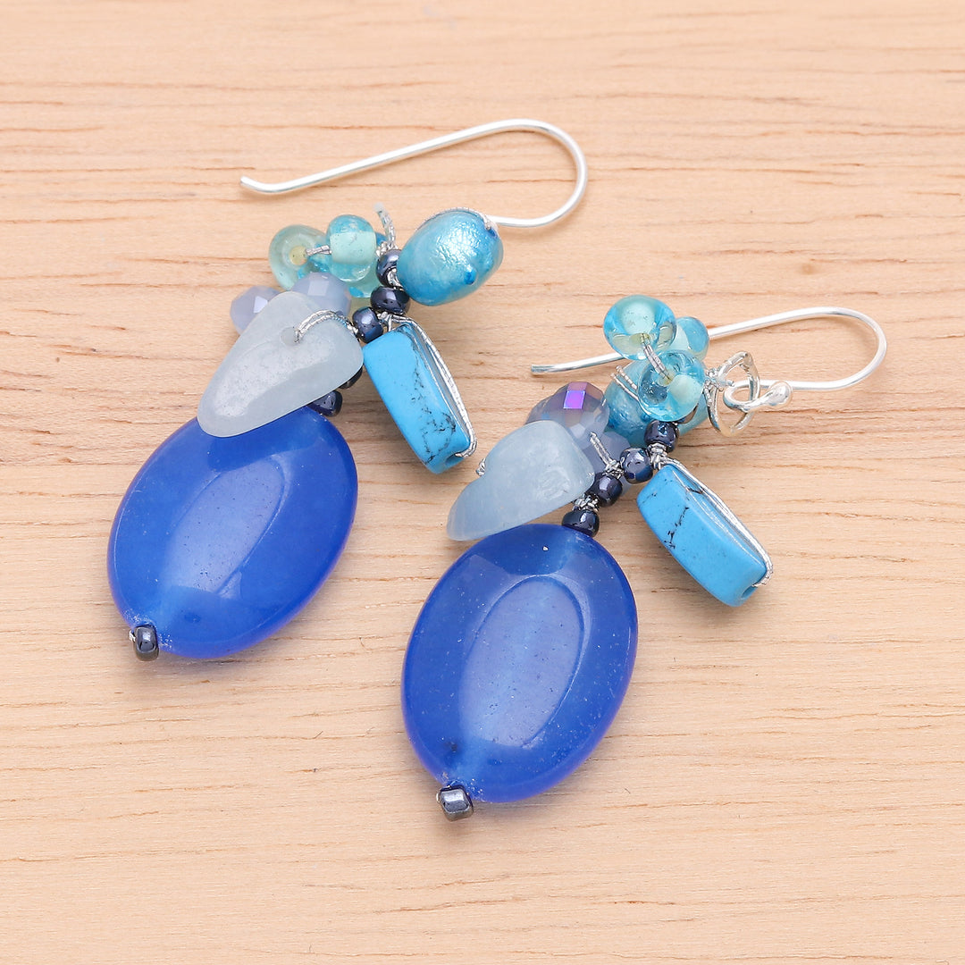 Dangle Earrings with Quartz Howlite and Cultured Pearl - Blue Symphony