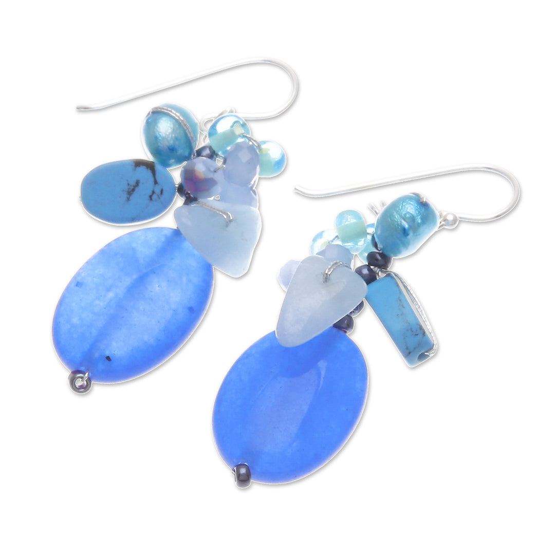 Dangle Earrings with Quartz Howlite and Cultured Pearl - Blue Symphony