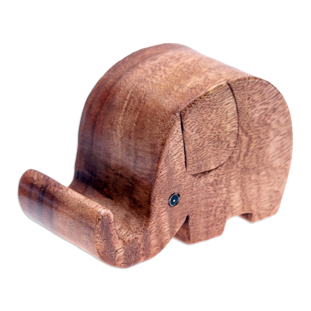 Hand-Carved Elephant-Themed Raintree Wood Phone Holder - Helpful Trunk