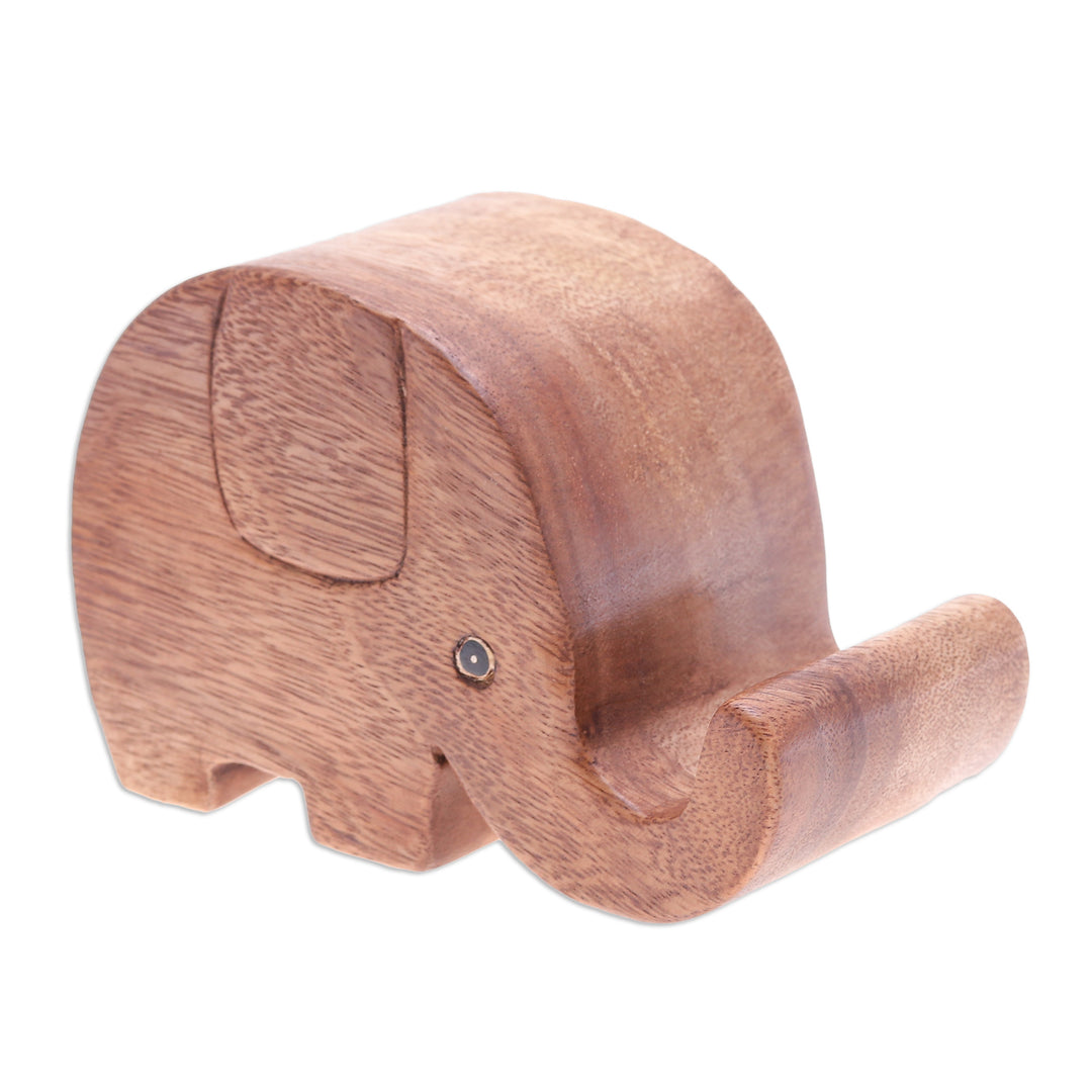 Hand-Carved Elephant-Themed Raintree Wood Phone Holder - Helpful Trunk