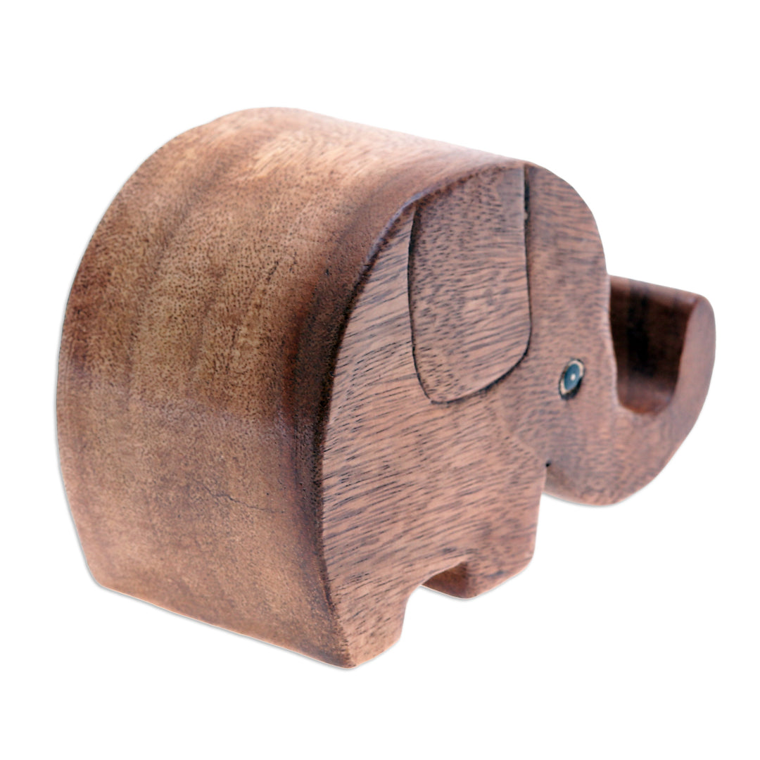 Hand-Carved Elephant-Themed Raintree Wood Phone Holder - Helpful Trunk