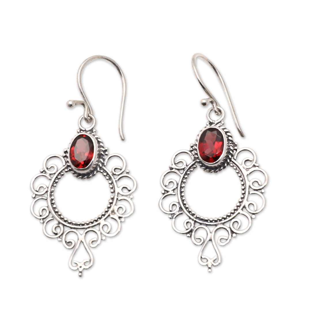 Swirling Sterling Silver Dangle Earrings with Garnet Gems - Passionate Morning Flowers
