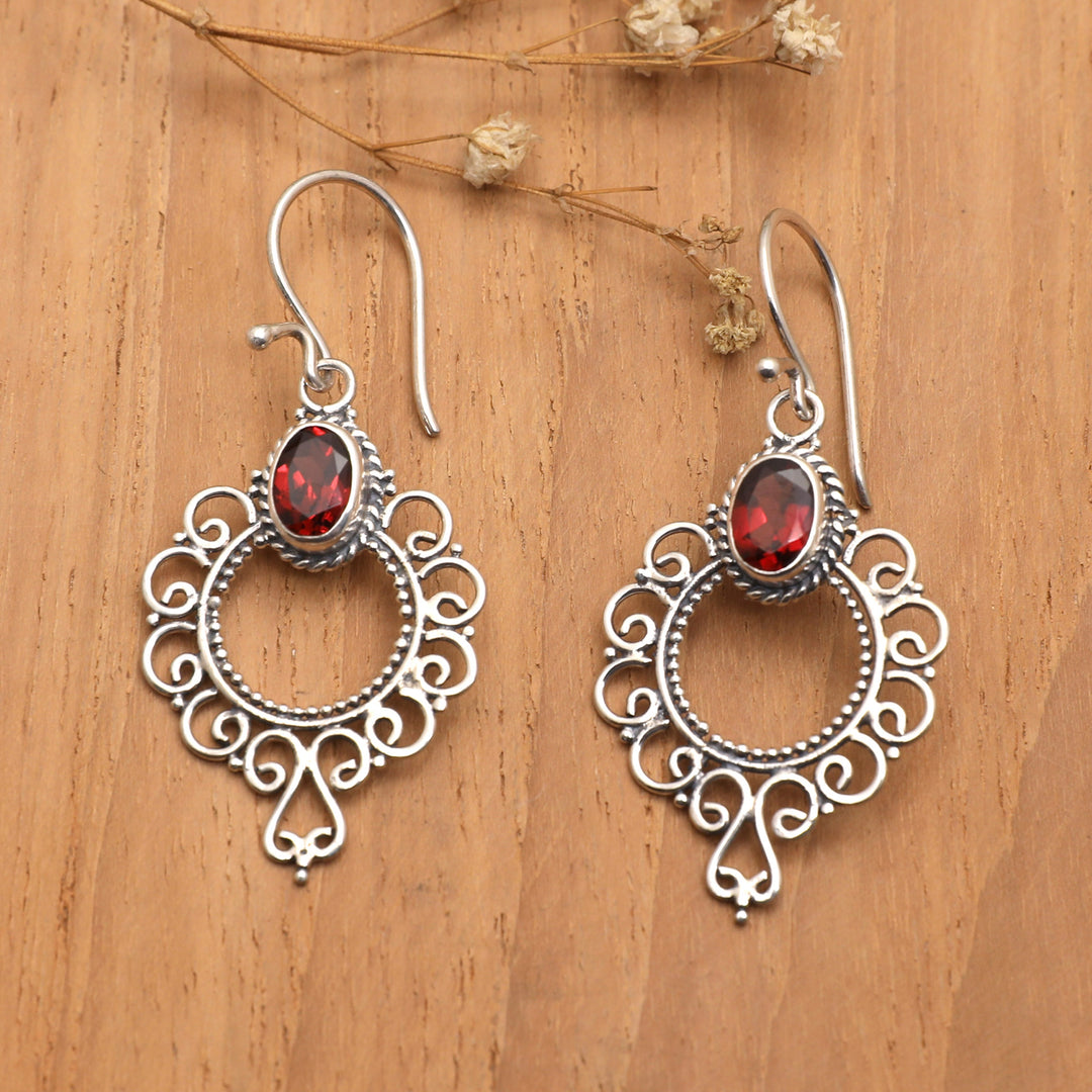 Swirling Sterling Silver Dangle Earrings with Garnet Gems - Passionate Morning Flowers