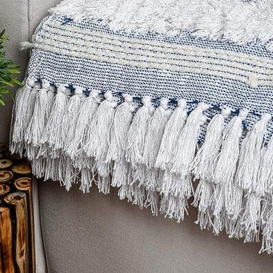Grey and White Knitted Cotton Throw from India - Plush Dreams
