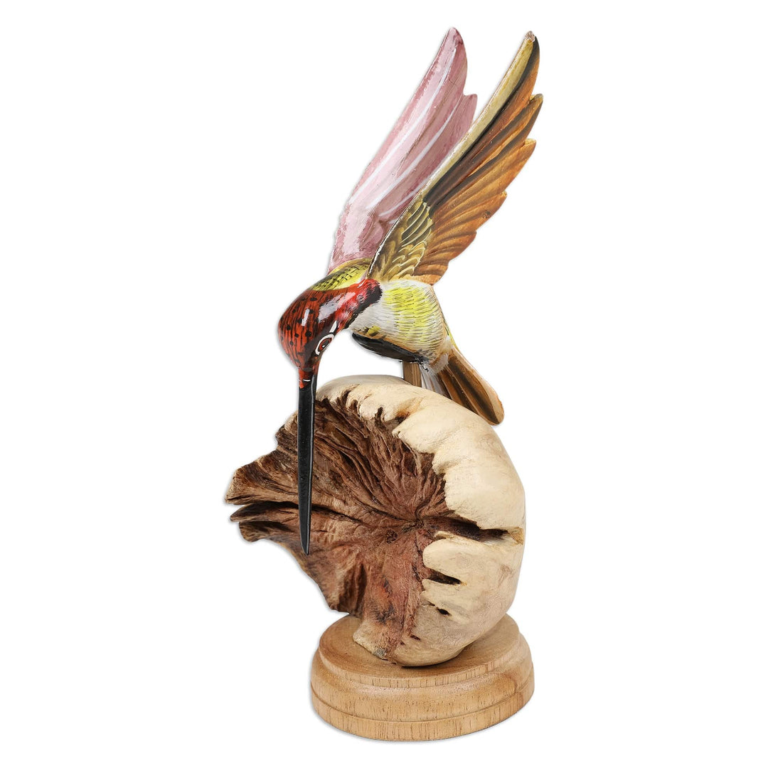 Hummingbird Wood Sculpture with Mushroom-Shaped Base - Heavenly Bird