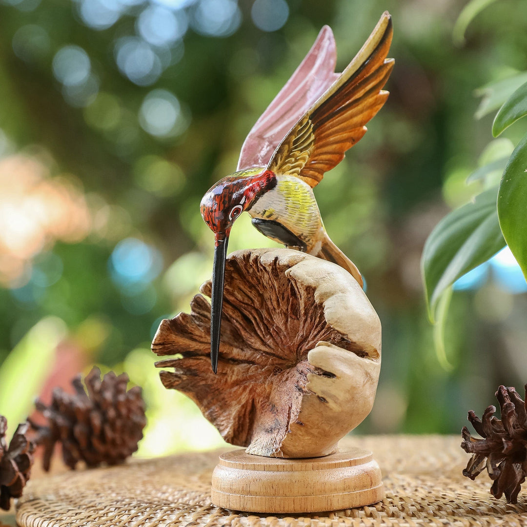 Hummingbird Wood Sculpture with Mushroom-Shaped Base - Heavenly Bird