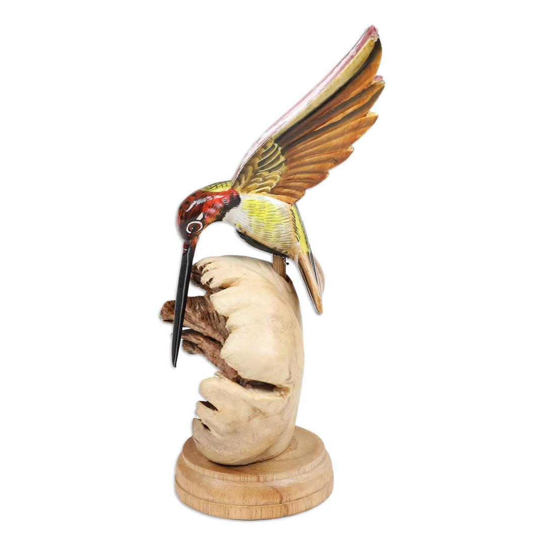 Hummingbird Wood Sculpture with Mushroom-Shaped Base - Heavenly Bird