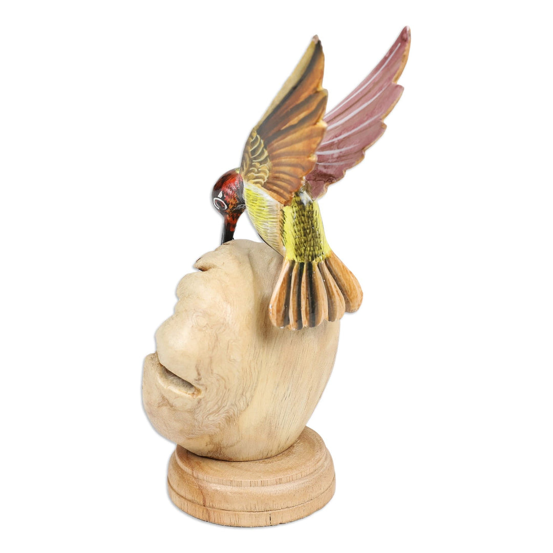 Hummingbird Wood Sculpture with Mushroom-Shaped Base - Heavenly Bird
