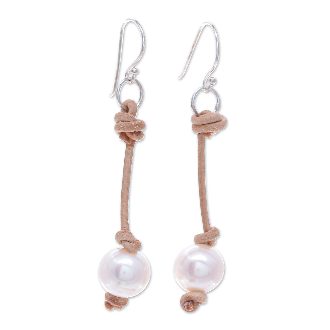 Cultured Pearl Dangle Earrings with Brown Leather Accents - Innocent Soul