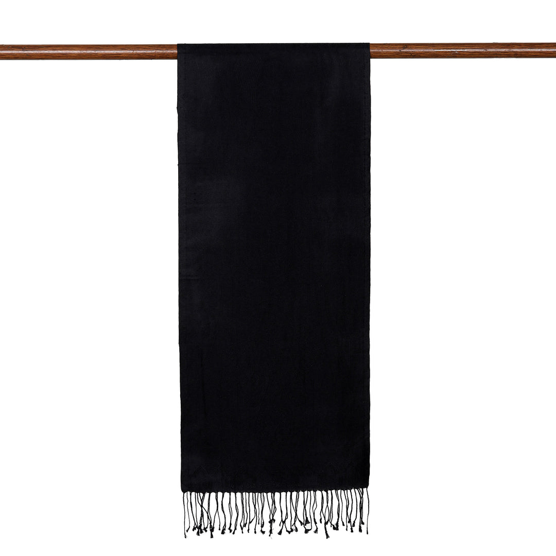Solid Black Silk Scarft with Dangling Fringes Made in India - Onyx Magic