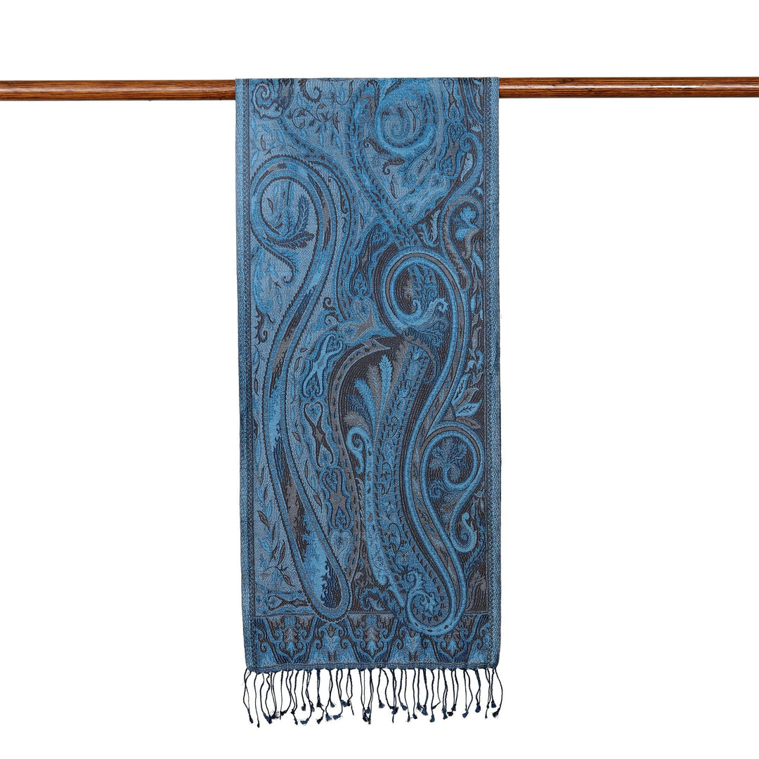 Paisley and Leafy Cerulean and Redwood Silk Scarf from India - Ocean Paisley Facets