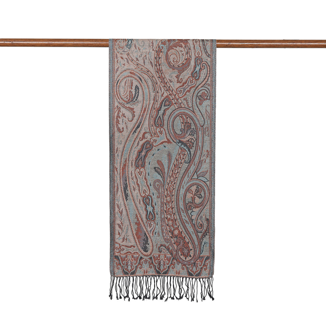 Paisley and Leafy Turquoise and Beige Silk Scarf from India - Serene Paisley Facets
