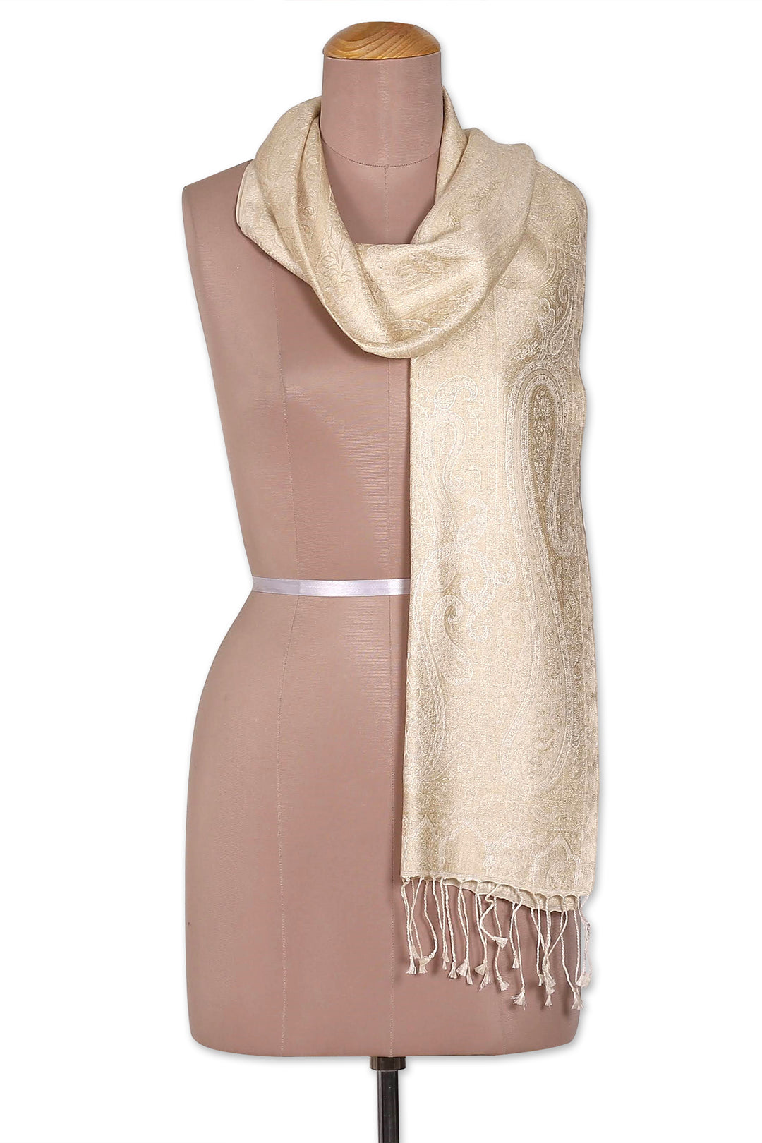 Woven Reversible Jamawar Fringed Silk Scarf in Beige & Ivory - Magical Beige