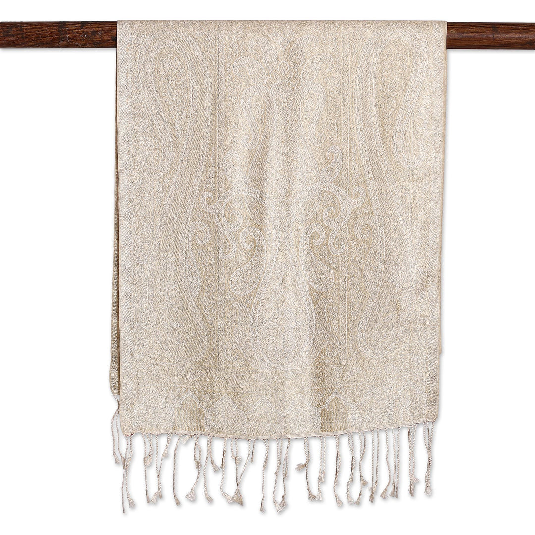 Woven Reversible Jamawar Fringed Silk Scarf in Beige & Ivory - Magical Beige