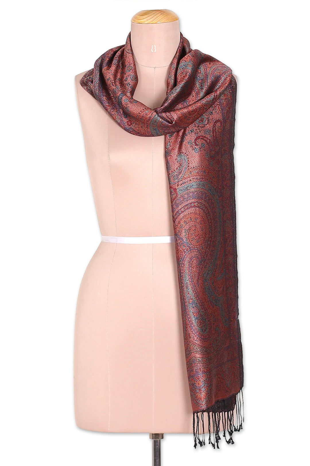 Reversible Jamawar Fringed Silk Scarf in Red Woven in India - Magical Paisley