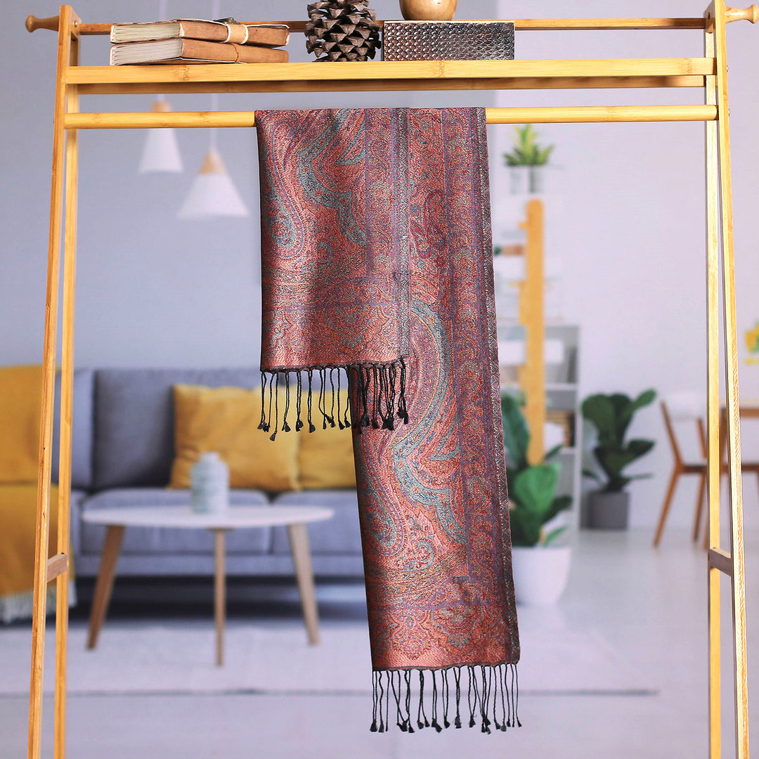 Reversible Jamawar Fringed Silk Scarf in Red Woven in India - Magical Paisley
