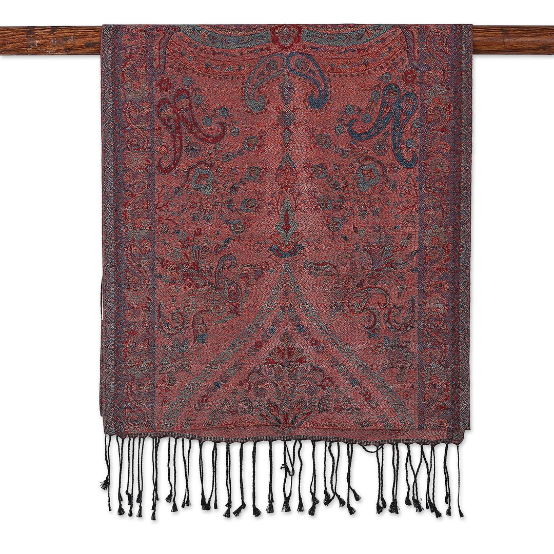 Reversible Jamawar Fringed Silk Scarf in Red Woven in India - Magical Paisley