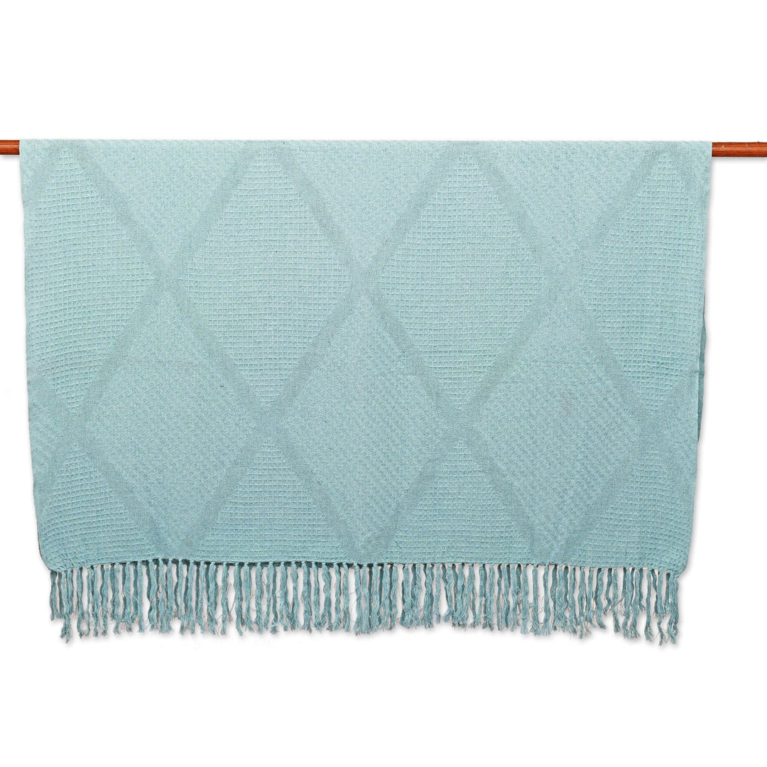 Diamond-Patterned Cotton Throw in a Solid Aquamarine Hue - Aquamarine Desire