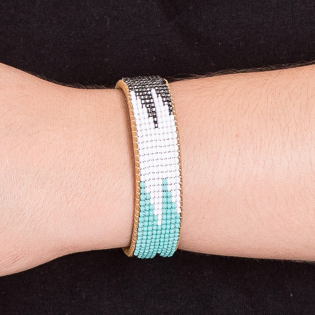 Leather-Accented Blue and Black Glass Beaded Cuff Bracelet - Electrifying