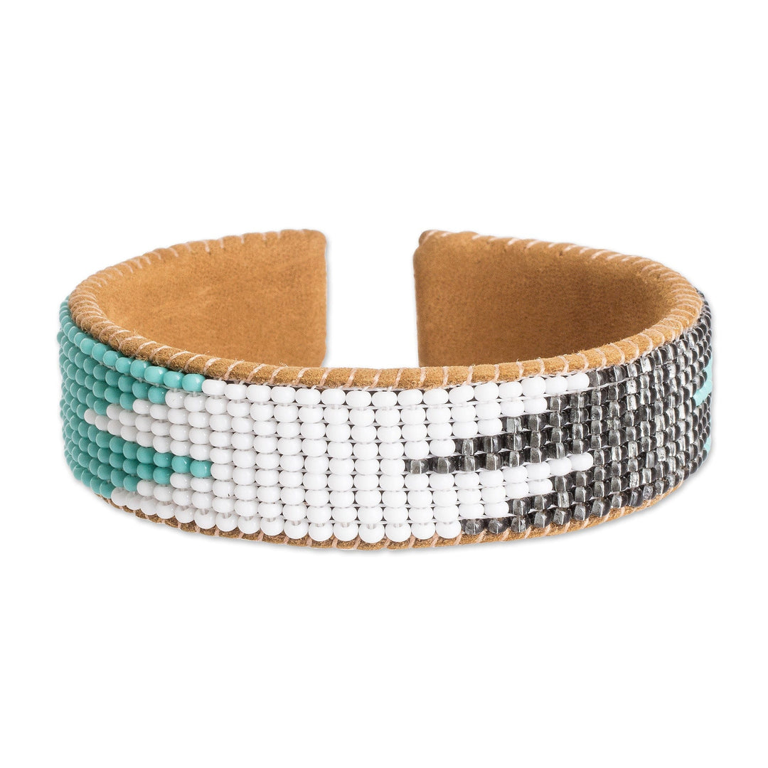 Leather-Accented Blue and Black Glass Beaded Cuff Bracelet - Electrifying