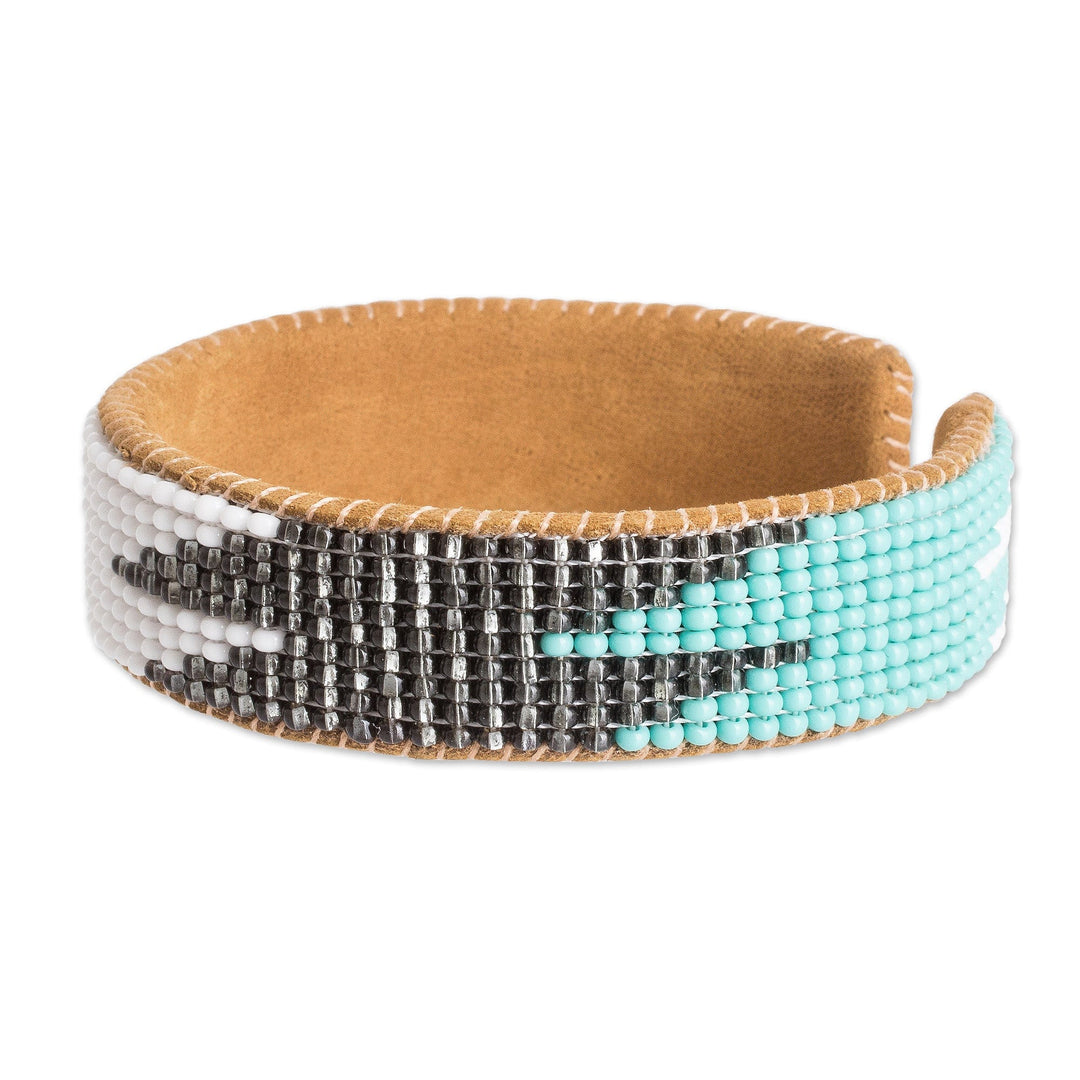 Leather-Accented Blue and Black Glass Beaded Cuff Bracelet - Electrifying