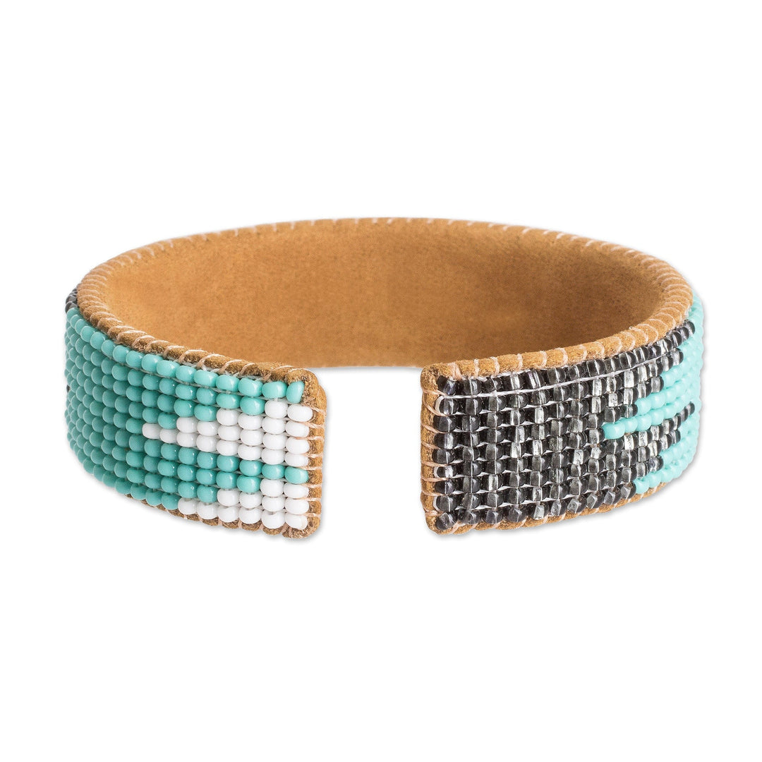 Leather-Accented Blue and Black Glass Beaded Cuff Bracelet - Electrifying