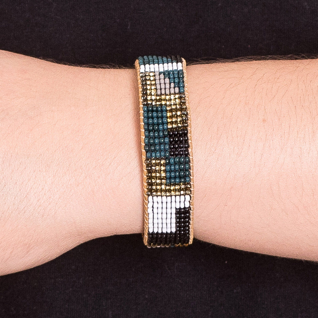 Geometric Glass Beaded Cuff Bracelet with Leather Accents - Geometric Sparkles