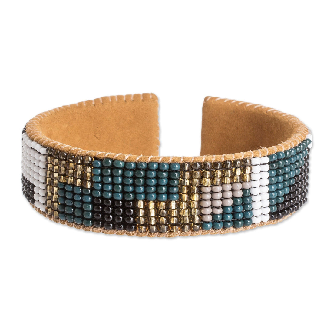 Geometric Glass Beaded Cuff Bracelet with Leather Accents - Geometric Sparkles