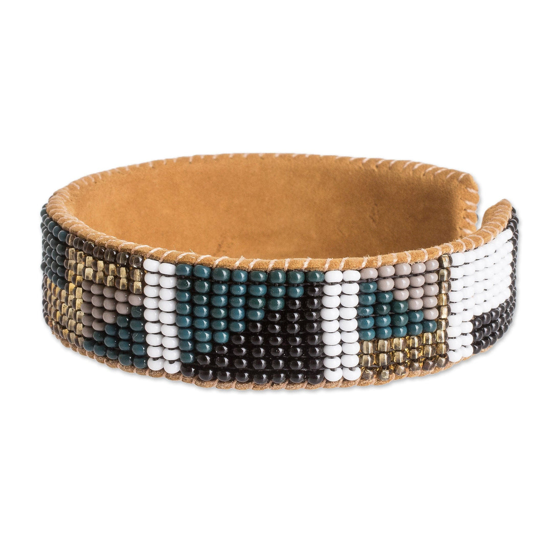 Geometric Glass Beaded Cuff Bracelet with Leather Accents - Geometric Sparkles