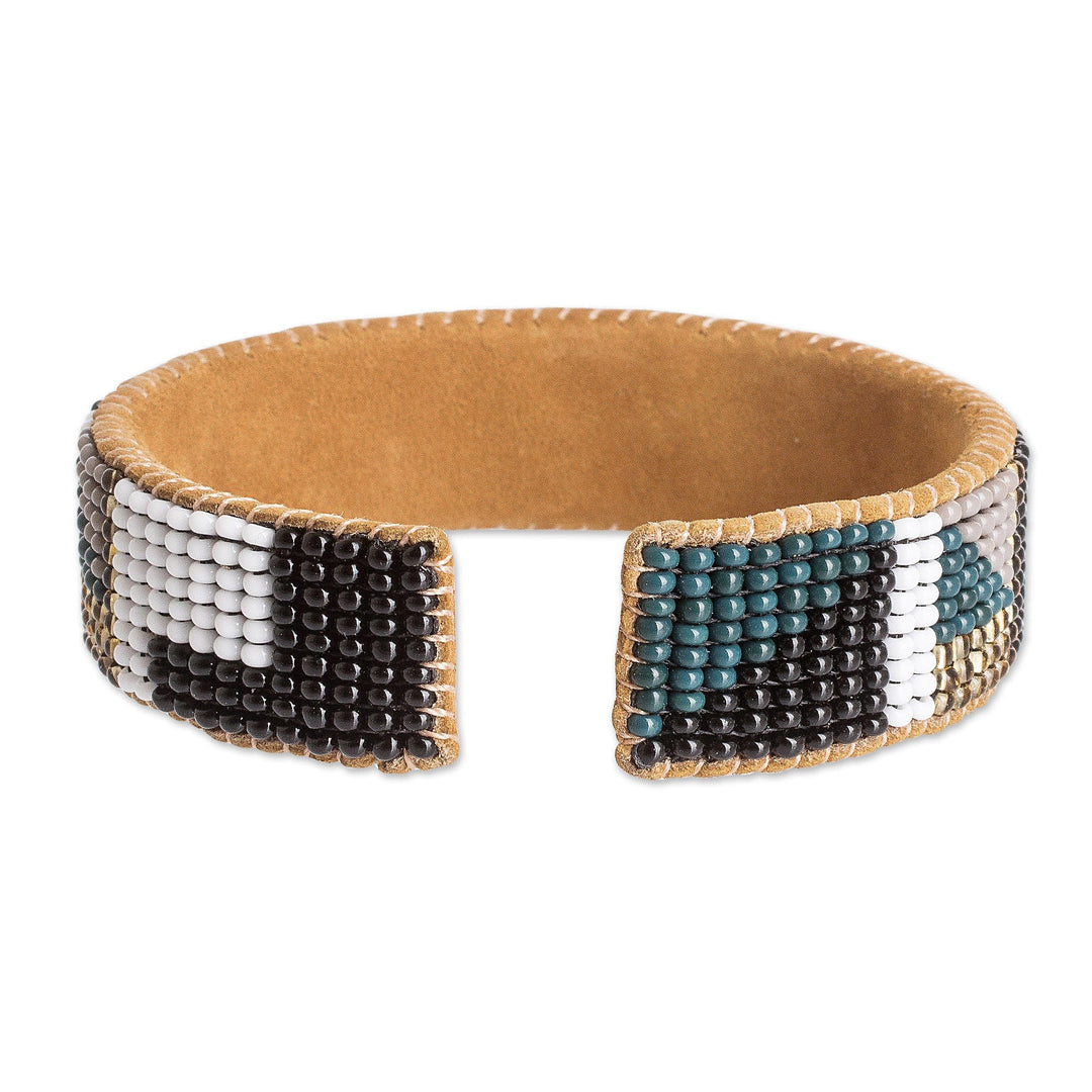 Geometric Glass Beaded Cuff Bracelet with Leather Accents - Geometric Sparkles