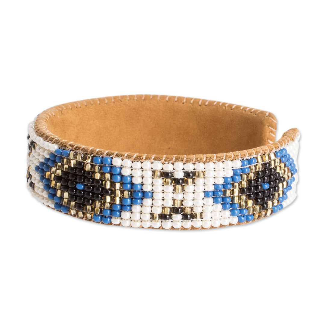 Ivory and Blue Glass Beaded Cuff Bracelet with Leather - Deity Diamonds