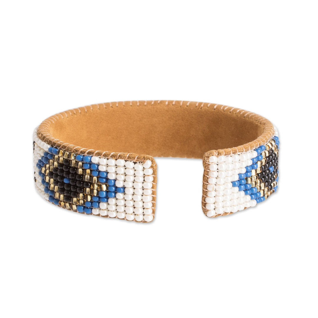 Ivory and Blue Glass Beaded Cuff Bracelet with Leather - Deity Diamonds