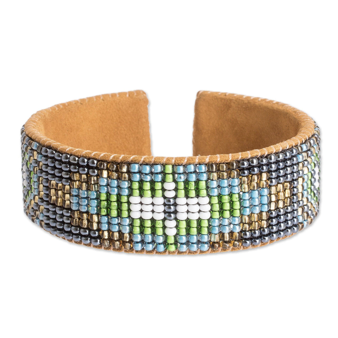 Floral Glass Beaded Cuff Bracelet with Leather Structure - Colorful Blooming