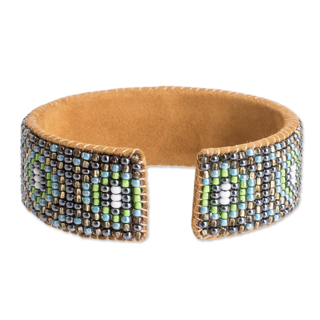 Floral Glass Beaded Cuff Bracelet with Leather Structure - Colorful Blooming