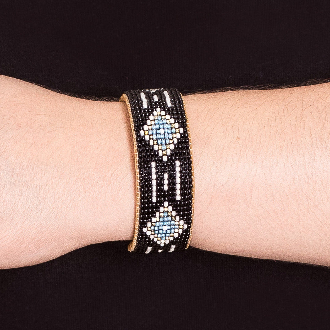 Black and Blue Glass Beaded Cuff Bracelet with Leather - Altar Diamonds
