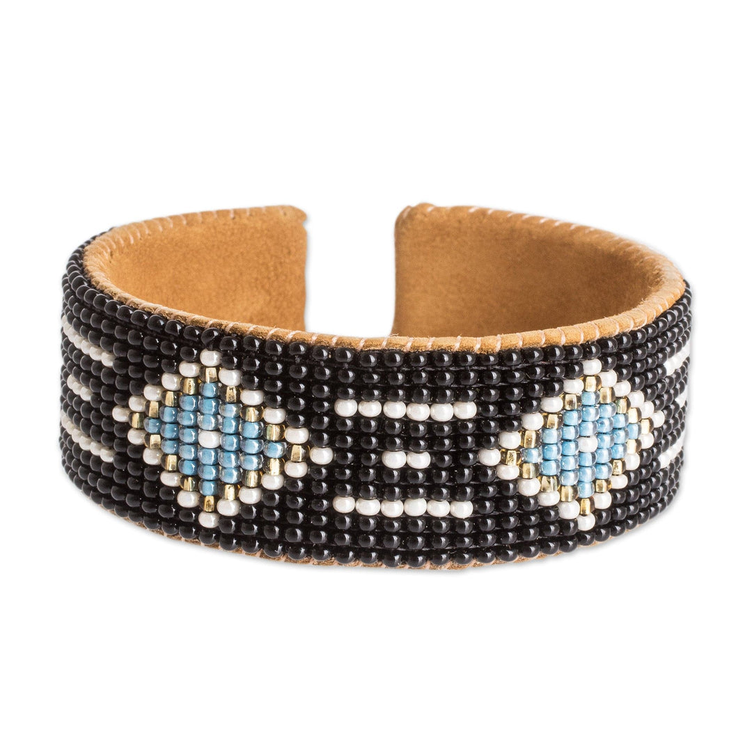 Black and Blue Glass Beaded Cuff Bracelet with Leather - Altar Diamonds