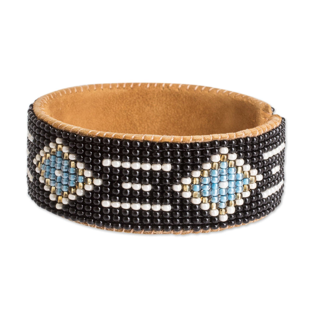 Black and Blue Glass Beaded Cuff Bracelet with Leather - Altar Diamonds